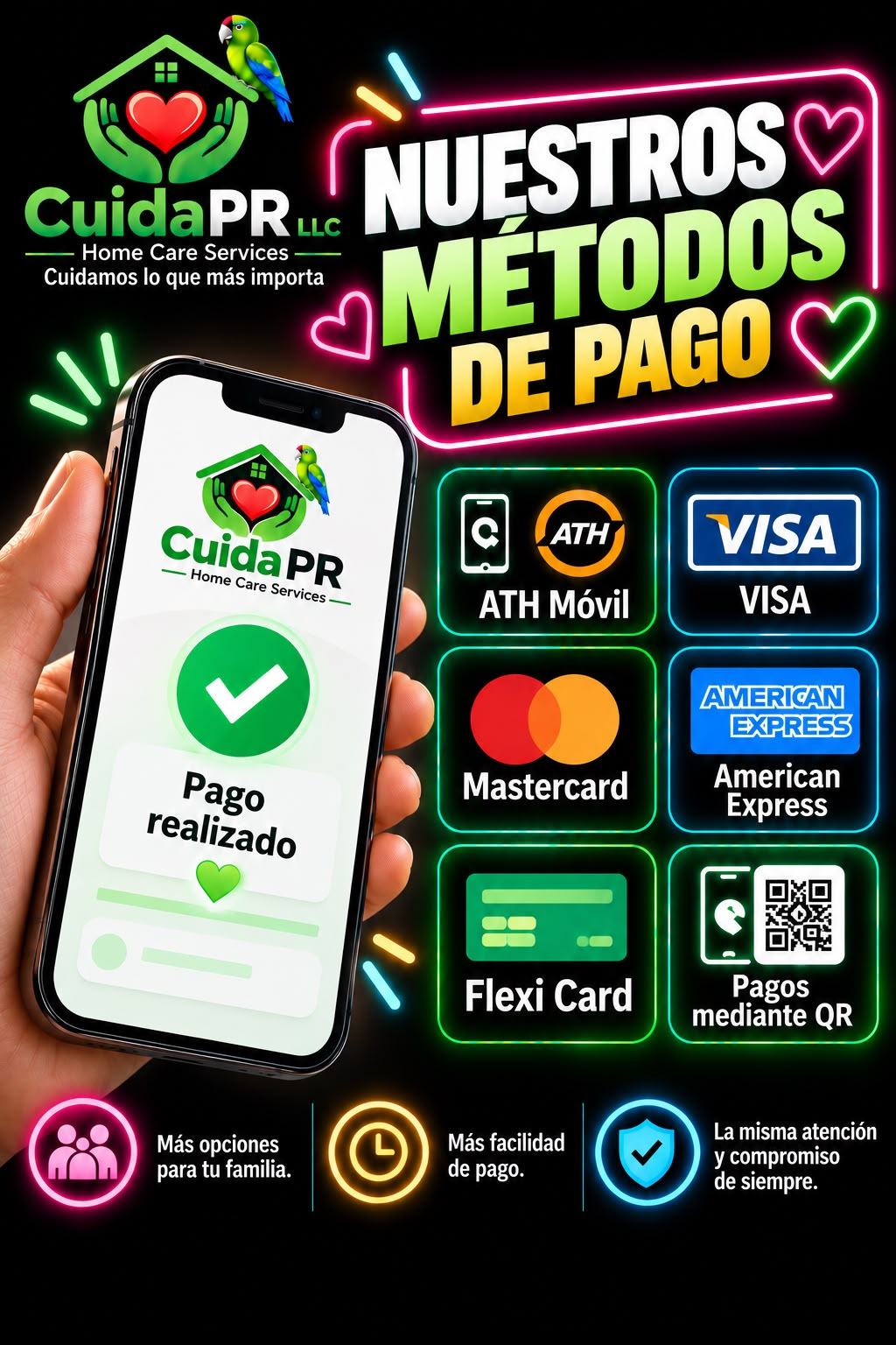 Métodos de pago aceptados por CuidaPR Home Care Services